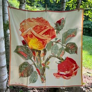 Vintage Floral Silk Scarf with Bold Orange & Red Roses